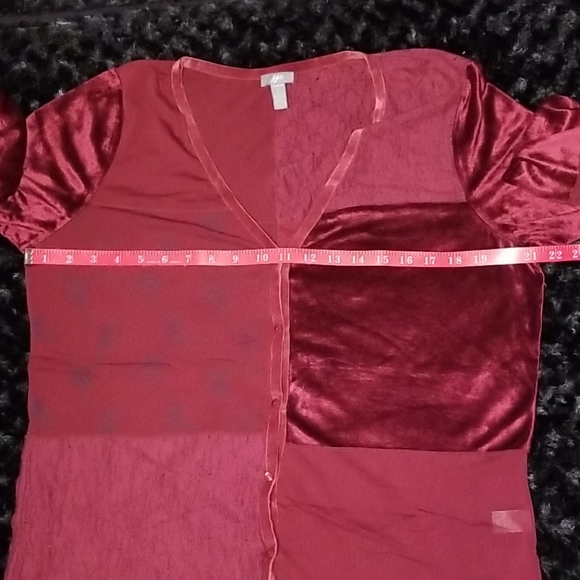 J. Jill Large Maroon Red Velvet Lace Sheer Patchwork Button Down Long Sleeve Top - Picture 10 of 12